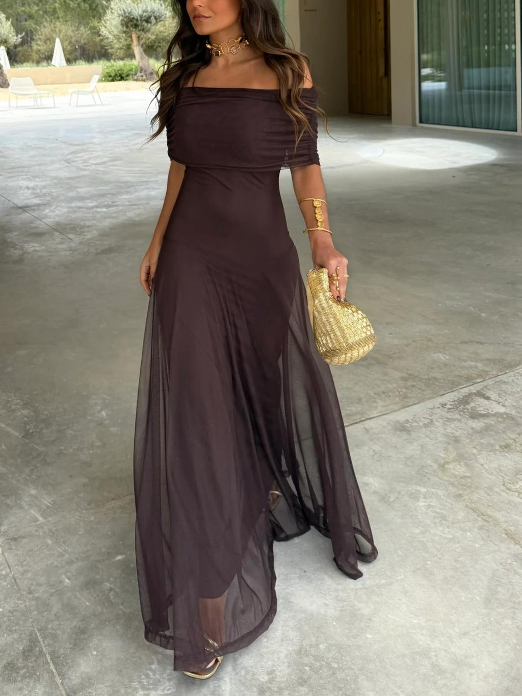 Women's Off-Shoulder Maxi Dress with Flowing Silhouette - 2