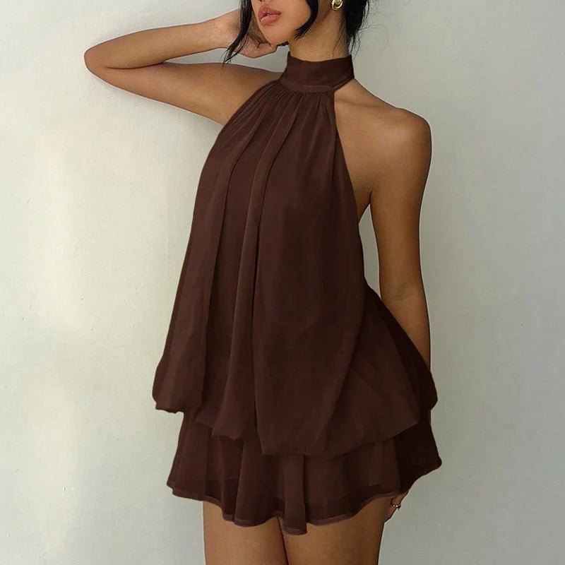 Women's Halter Mini Dress Backless with A-Line Silhouette - Brown