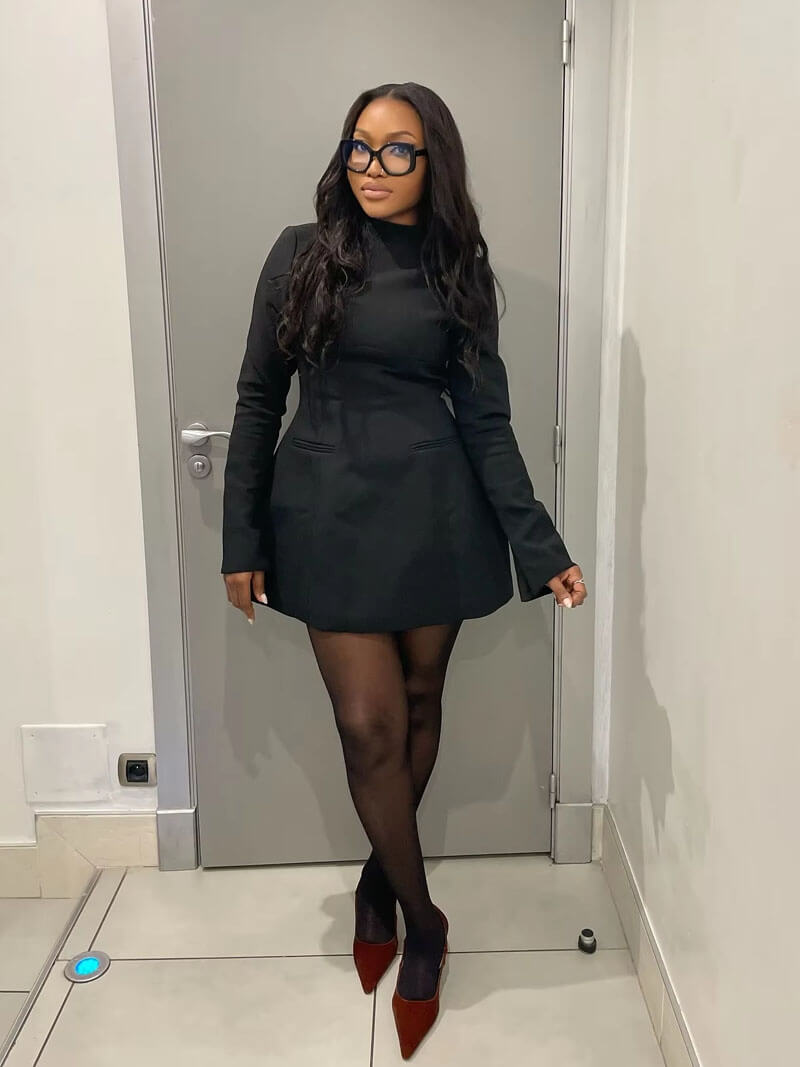 Women's Backless Mini Dress with Long Sleeves and A-line Silhouette - Black