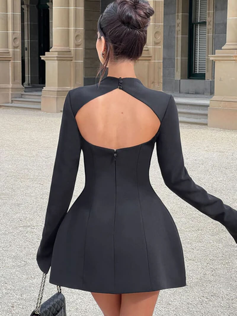 Women's Backless Mini Dress with Long Sleeves and A-line Silhouette - Black