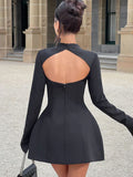 Women's Backless Mini Dress with Long Sleeves and A-line Silhouette - Black