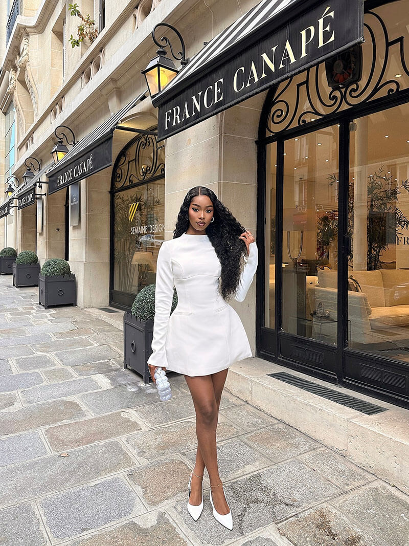 Women's Backless Mini Dress with Long Sleeves and A-line Silhouette - White