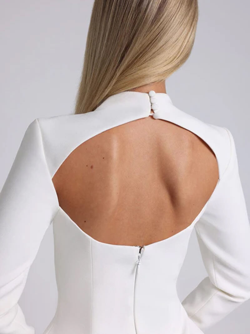 Women's Backless Mini Dress with Long Sleeves and A-line Silhouette - White