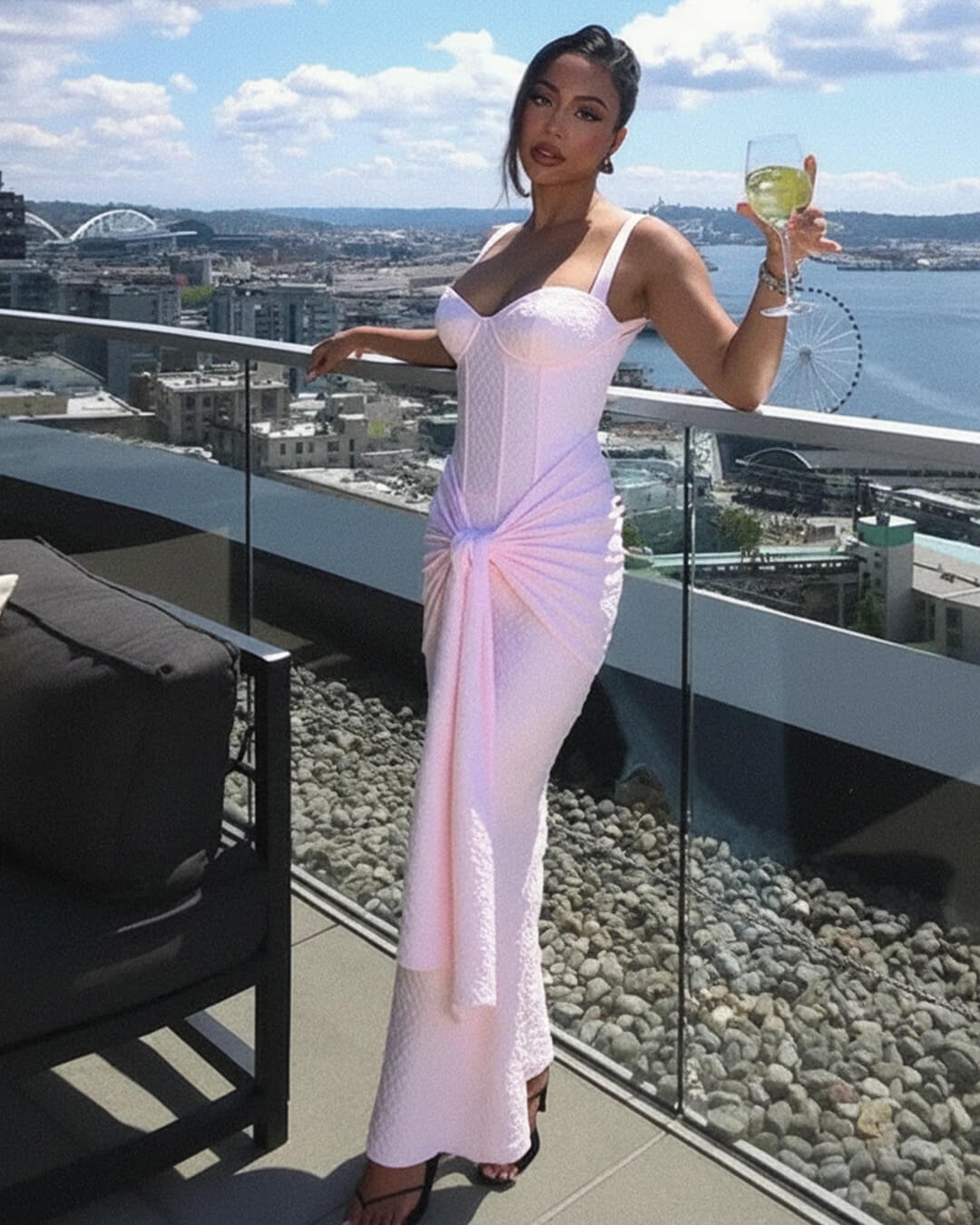 Women's Sleeveless Corset Maxi Dress with Draped Front Detail - 2