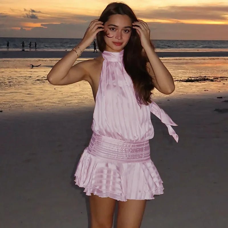 Women's Halter Neck Backless Mini Dress with Ruffled Hem - Pink