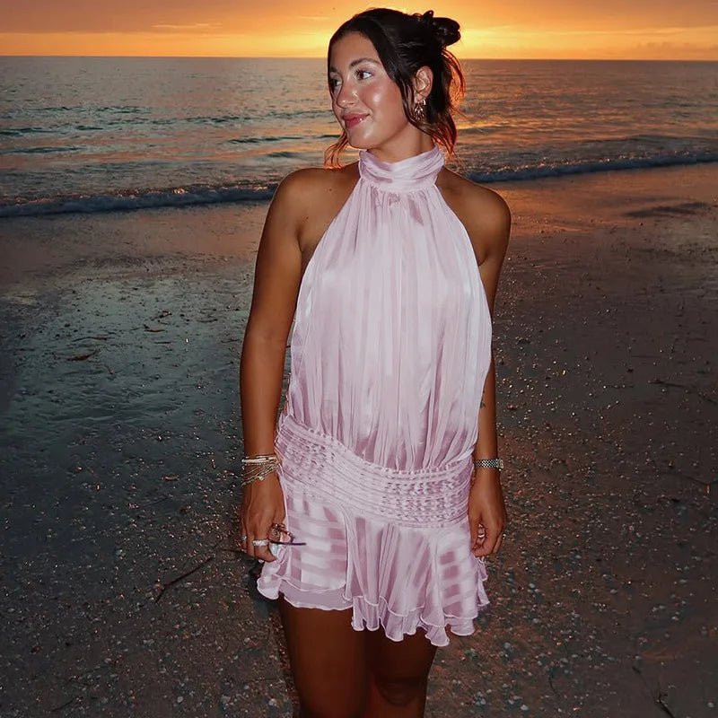 Women's Halter Neck Backless Mini Dress with Ruffled Hem - 9