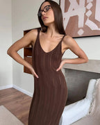 Women's Maxi Dress Sleeveless Open Back with V-Neck and Bodycon Silhouette - Brown