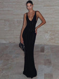 Women's Maxi Dress Sleeveless Open Back with V-Neck and Bodycon Silhouette - Black