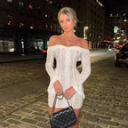 Women's Off Shoulder Mini Dress with Long Sleeves and Lace Detail - White