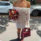 Women's Off Shoulder Mini Dress with Long Sleeves and Lace Detail - 2