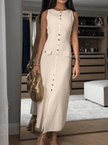 Women's Maxi Dress Sleeveless with Round Neck and Front Buttons - Beige
