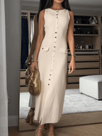 Women's Maxi Dress Sleeveless with Round Neck and Front Buttons - Beige