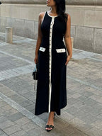 Women's Maxi Dress Sleeveless with Round Neck and Front Buttons - Black