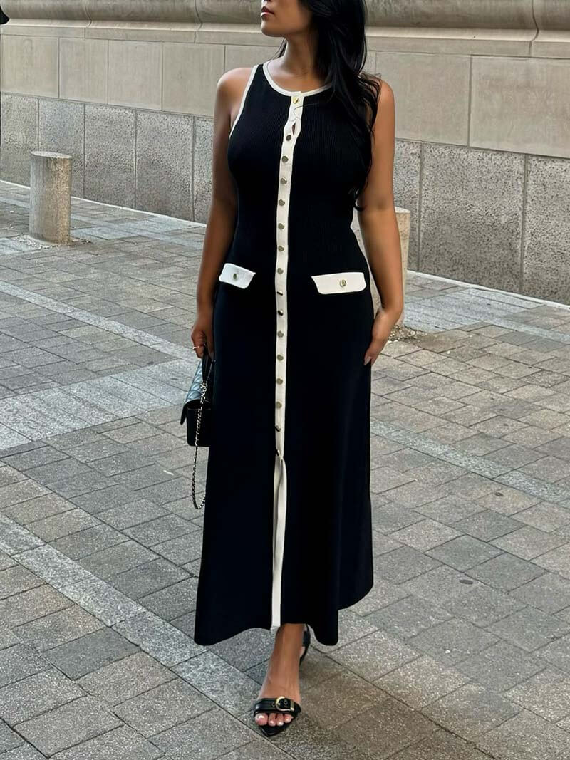 Women's Maxi Dress Sleeveless with Round Neck and Front Buttons - Black