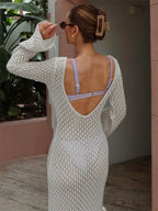 Women's Crochet Maxi Dress with V-Neck and Long Sleeves - 5