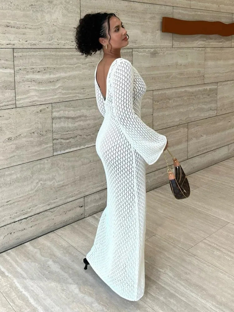 Women's Crochet Maxi Dress with V-Neck and Long Sleeves - 3