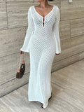Women's Crochet Maxi Dress with V-Neck and Long Sleeves - 2