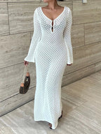 Women's Crochet Maxi Dress with V-Neck and Long Sleeves - 2