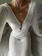 Women's Crochet Maxi Dress with V-Neck and Long Sleeves - 8