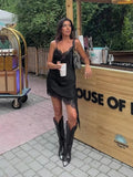 Women's Mini Dress Asymmetric with Lace Trim - Black