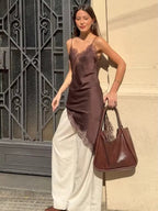 Women's Mini Dress Asymmetric with Lace Trim - Brown