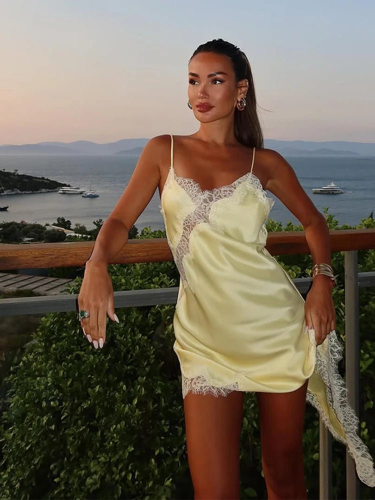 Women's Mini Dress Asymmetric with Lace Trim - Yellow