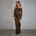 Women's Maxi Dress Off-Shoulder Mesh with Long Sleeves - Brown