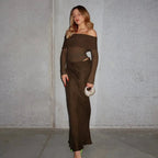 Women's Maxi Dress Off-Shoulder Mesh with Long Sleeves - Brown