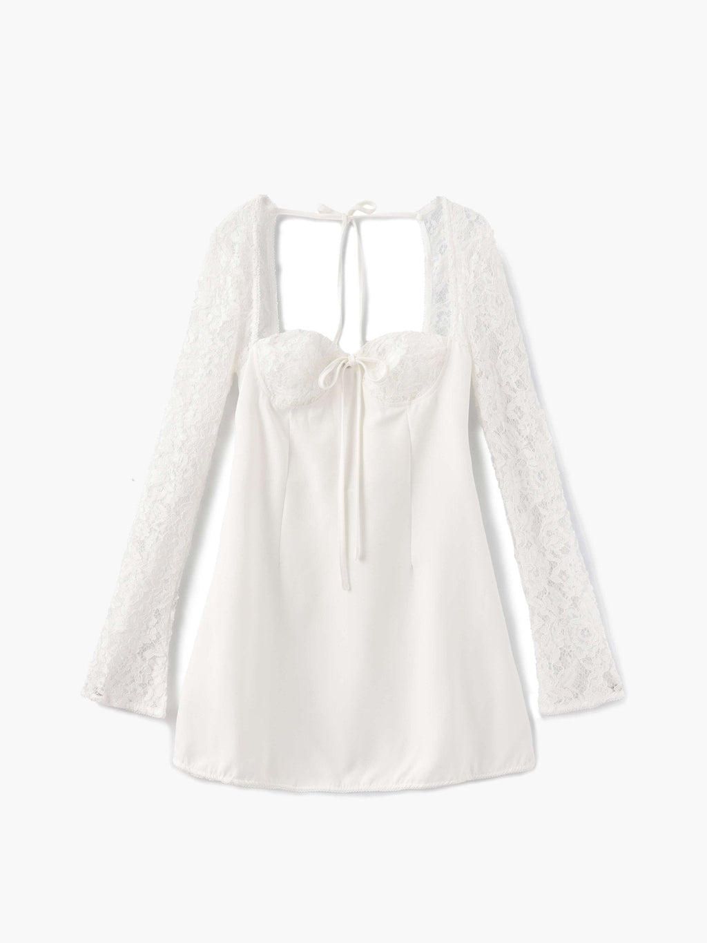 Women's Long Sleeve Mini Dress with Lace Sleeves and Tie Front - White