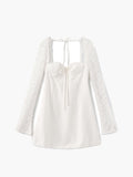 Women's Long Sleeve Mini Dress with Lace Sleeves and Tie Front - White