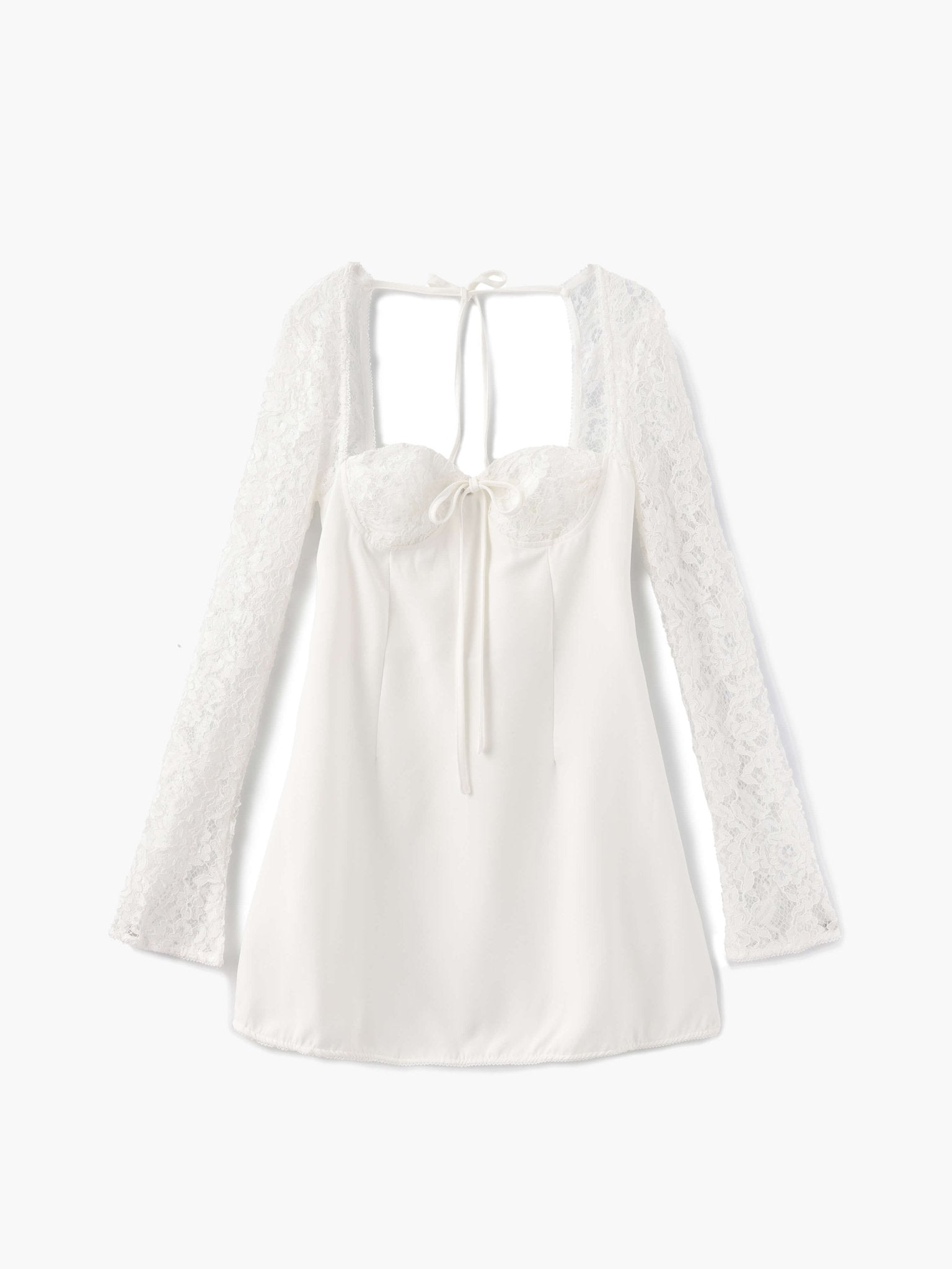 Women's Long Sleeve Mini Dress with Lace Sleeves and Tie Front - White