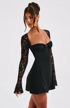 Women's Long Sleeve Mini Dress with Lace Sleeves and Tie Front - 9