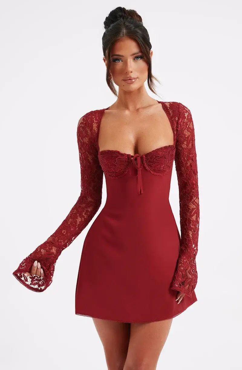 Women's Long Sleeve Mini Dress with Lace Sleeves and Tie Front - 14