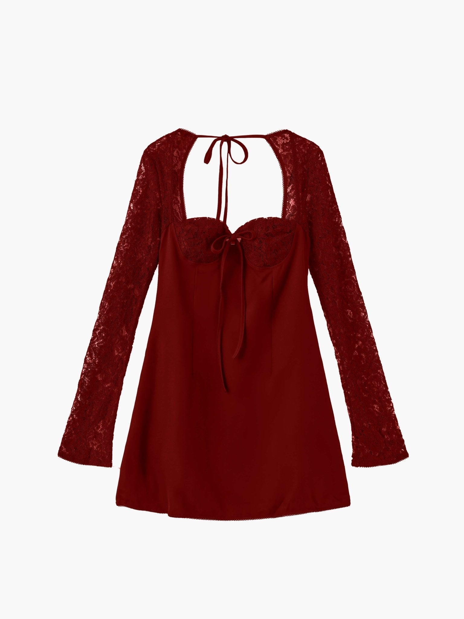 Women's Long Sleeve Mini Dress with Lace Sleeves and Tie Front - Red