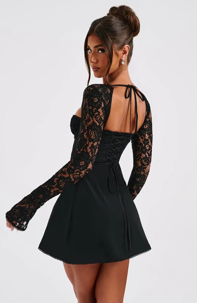 Women's Long Sleeve Mini Dress with Lace Sleeves and Tie Front - 8
