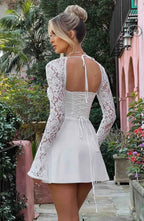 Women's Long Sleeve Mini Dress with Lace Sleeves and Tie Front - 13