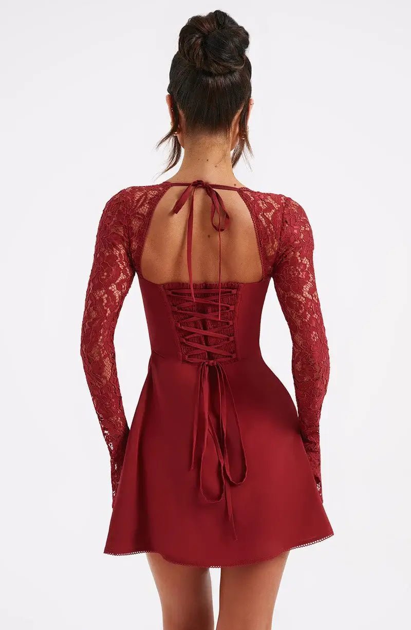 Women's Long Sleeve Mini Dress with Lace Sleeves and Tie Front - 15