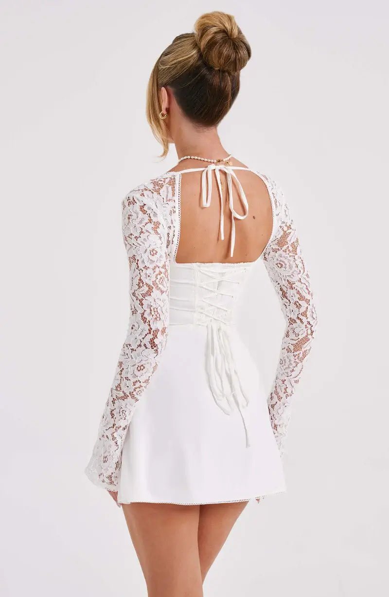 Women's Long Sleeve Mini Dress with Lace Sleeves and Tie Front - 12