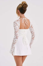 Women's Long Sleeve Mini Dress with Lace Sleeves and Tie Front - 12