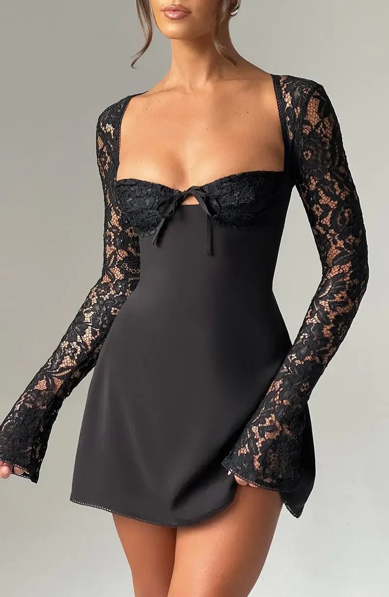 Women's Long Sleeve Mini Dress with Lace Sleeves and Tie Front - 10