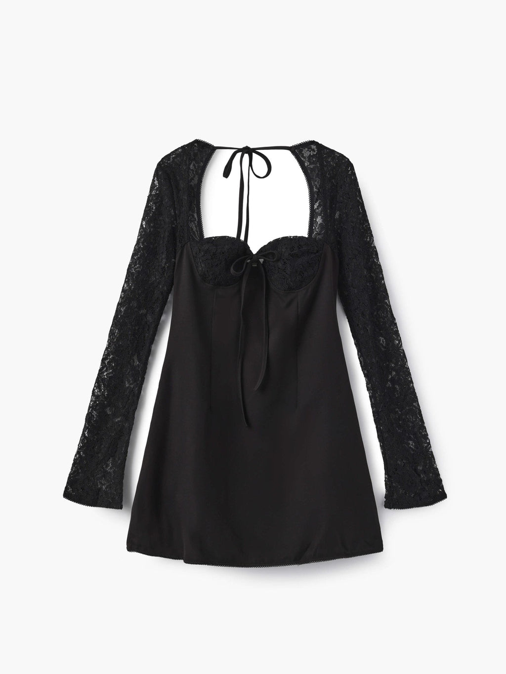Women's Long Sleeve Mini Dress with Lace Sleeves and Tie Front - Black