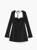 Women's Long Sleeve Mini Dress with Lace Sleeves and Tie Front - Black