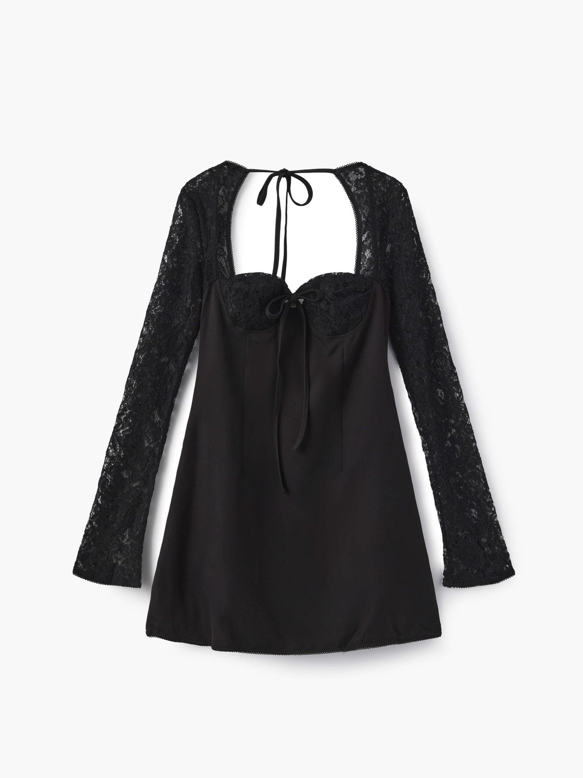 Women's Long Sleeve Mini Dress with Lace Sleeves and Tie Front - Black