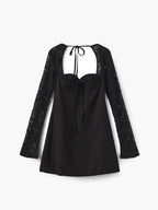 Women's Long Sleeve Mini Dress with Lace Sleeves and Tie Front - Black