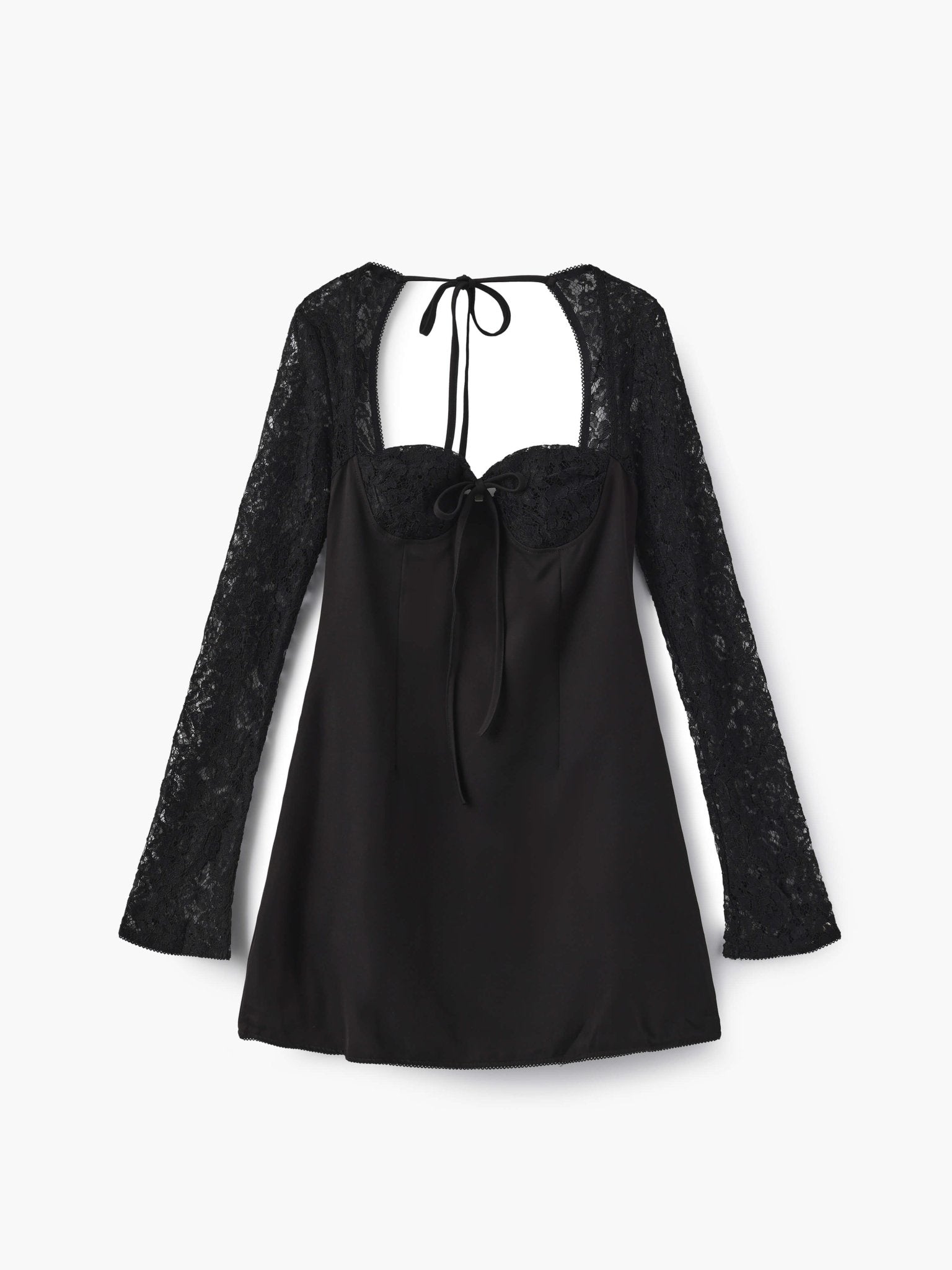 Women's Long Sleeve Mini Dress with Lace Sleeves and Tie Front - Black