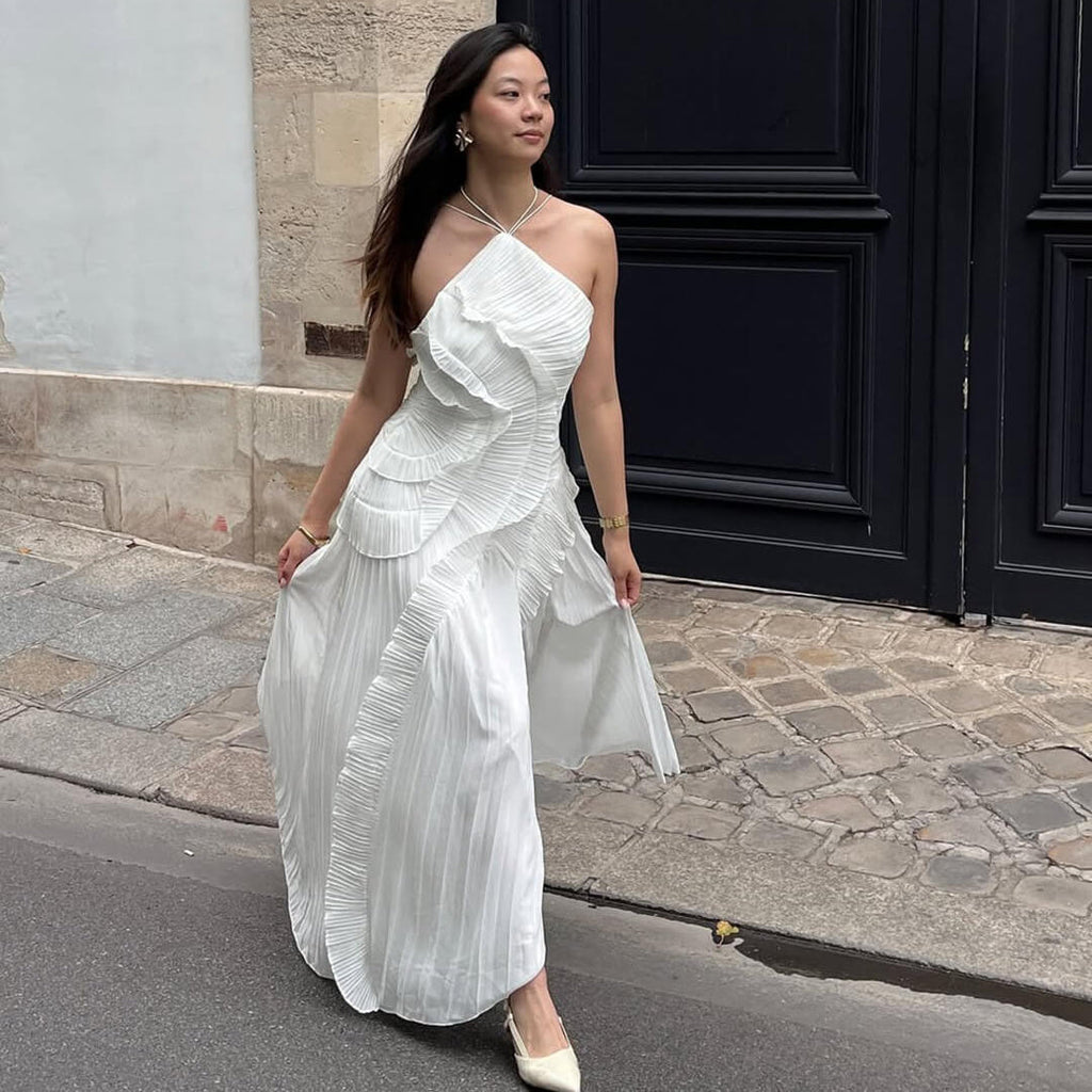Women's Halter Maxi Dress with Ruffles and A-Line Silhouette - White
