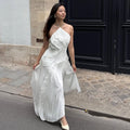 Women's Halter Maxi Dress with Ruffles and A-Line Silhouette - White