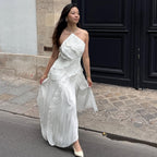 Women's Halter Maxi Dress with Ruffles and A-Line Silhouette - White