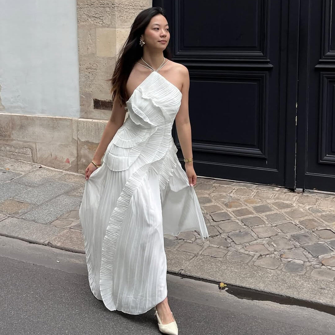 Women's Halter Maxi Dress with Ruffles and A-Line Silhouette - White