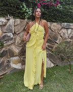 Women's Halter Maxi Dress with Ruffles and A-Line Silhouette - Yellow